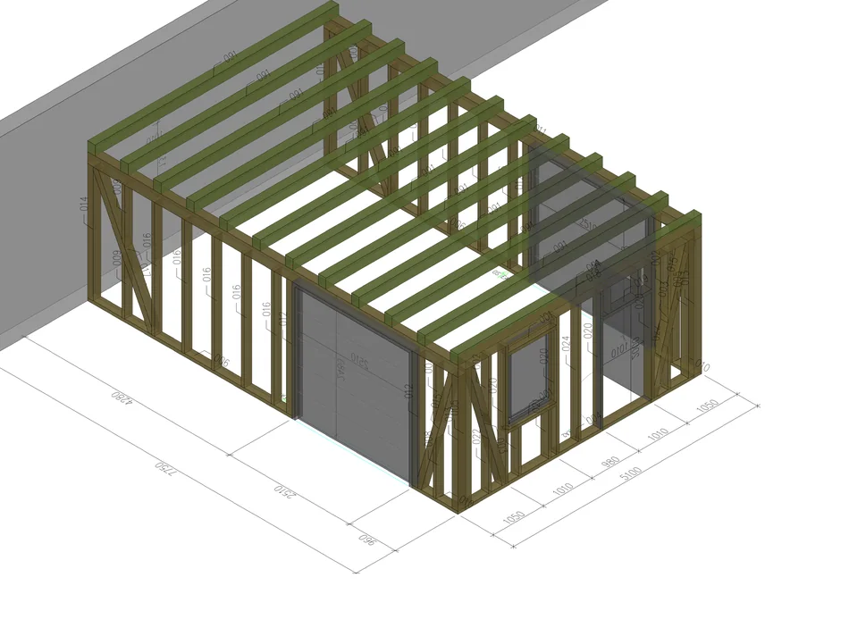 3D-Modell eines Lagerraums in Holzbauweise mit Sparrenlage und Tor